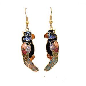 Cloisonne Enamel Parrot Earrings Dangle Drop Tropical Bird Vintage Bright Colors